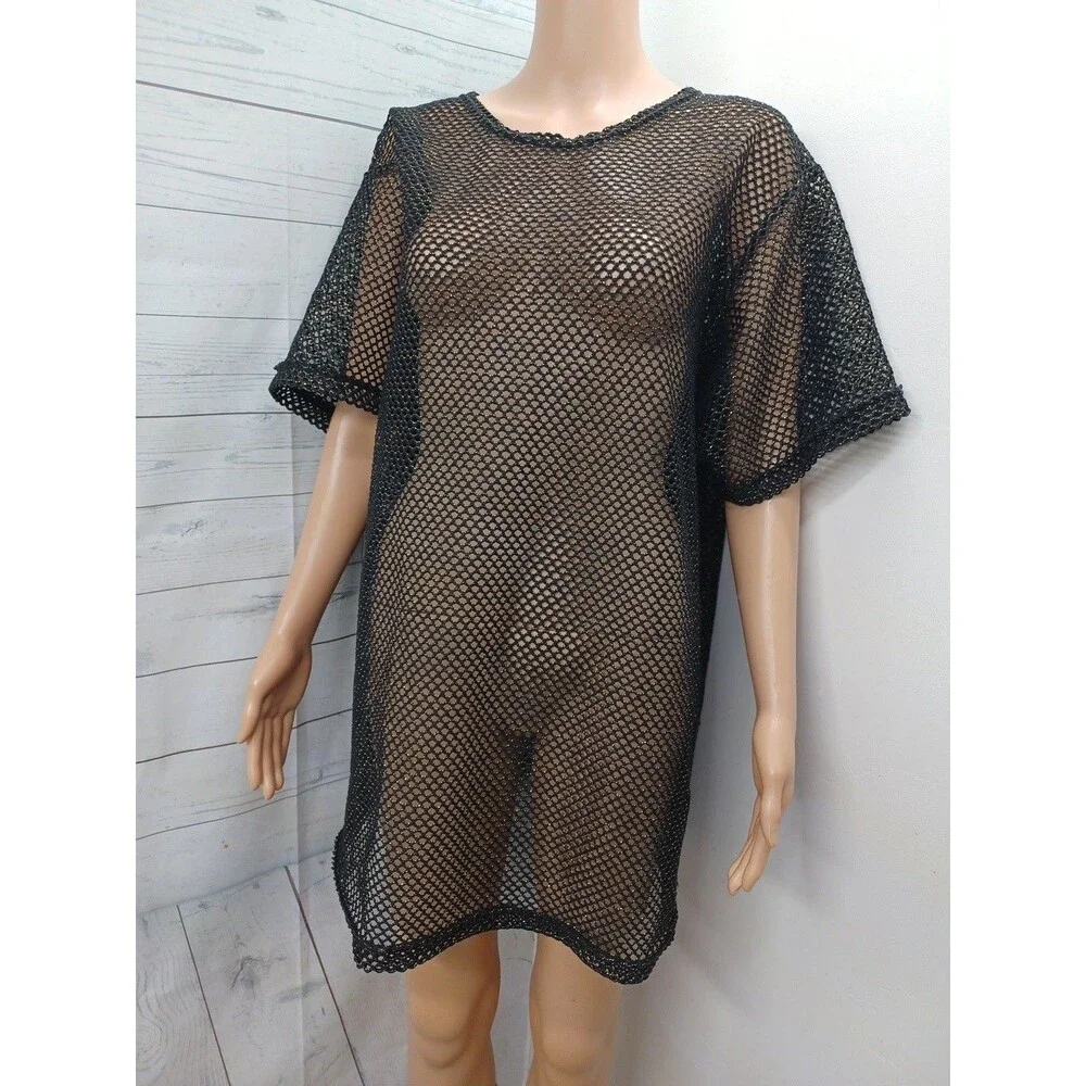 Catalina Womens Black Gold Metallic Mesh Swim Cover Up Sz M